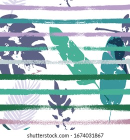 Sailor Stripes Vector Seamless Pattern, Brown Green Khaki Exotic Floral Print. Bohemian Jungle Leaves Winter Fabric. Male Trendy Background. Exotic Tropical Seamless Fabric