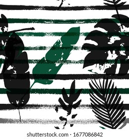 Sailor Stripes Vector Seamless Pattern, Brown Green Khaki Exotic Floral Print. Brushed Jungle Leaves Winter Fabric. Childrens Eclectic Background. Exotic Floral Seamless Print
