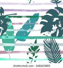 Sailor Stripes Vector Seamless Pattern, Brown Green Khaki Exotic Floral Print. Bohemian Jungle Leaves Autumn Fabric. Female Graffiti Background. Exotic Tropical Seamless Fabric