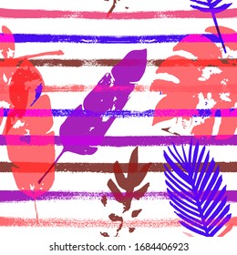 Sailor Stripes Vector Seamless Pattern, Blue Pink Purple Indigo Floral Textile. Botanical Jungle Leaves Autumn Fabric. Male Vintage Background. Tropical Floral Seamless Fabric