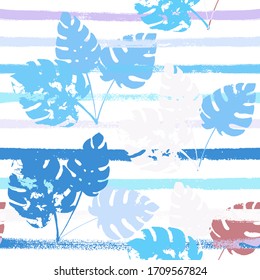 Sailor Stripes Vector Seamless Pattern, Blue Pink Purple Indigo Floral Textile. Sketched Jungle Leaves Autumn Fabric. Male Vintage Background. Tropical Floral Seamless Fabric