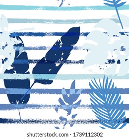 Sailor Stripes Vector Seamless Pattern, Blue Pink Purple Indigo Floral Textile. Bohemian Jungle Leaves Autumn Fabric. Childrens Retro Background. Exotic Floral Seamless Textile