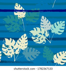 Sailor Stripes Vector Seamless Pattern, Blue, White, Yellow Exotic Floral Print. Hand Painted Jungle Leaves Summer Fabric. Male Eclectic Background. Exotic Tropical Seamless Fabric