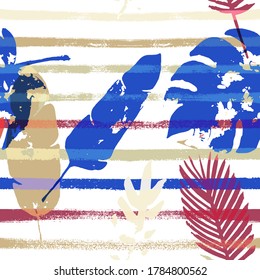 Sailor Stripes Vector Seamless Pattern, Blue, White, Yellow Exotic Floral Print. Adventure Jungle Leaves Autumn Fabric. Childrens Uneven Background. Tropical Fabric Seamless Print