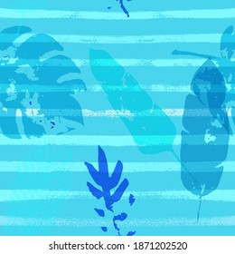Sailor Stripes Vector Seamless Pattern, Blue Pink Purple Indigo Floral Textile. Cool Chick Jungle Leaves Winter Fabric. Female Hipster Background. Tropical Floral Seamless Fabric