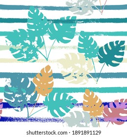 Sailor Stripes Vector Seamless Pattern, Blue, White, Yellow Exotic Floral Print. Cool Chick Jungle Leaves Autumn Fabric. Childrens Eclectic Background. Exotic Floral Seamless Design