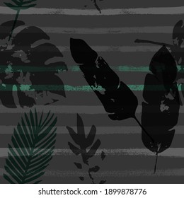 Sailor Stripes Vector Seamless Pattern, Brown Green Khaki Exotic Floral Print. Watercolor Jungle Leaves Winter Fabric. Childrens Elegant Background. Tropical Fabric Seamless Print