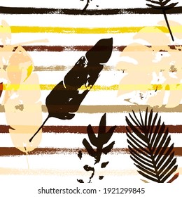 Sailor Stripes Vector Seamless Pattern, Brown Yellow Earth Tone Exotic Fabric. Adventure Jungle Leaves Winter Fabric. Male Trendy Background. Exotic Floral Seamless Design