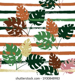 Sailor Stripes Vector Seamless Pattern, Brown Green Khaki Exotic Floral Print. Adventure Jungle Leaves Winter Fabric. Male Uneven Background. Exotic Tropical Seamless Fabric