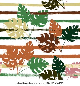 Sailor Stripes Vector Seamless Pattern, Brown Green Khaki Exotic Floral Print. Trendy Boho Jungle Leaves Winter Fabric. Female Retro Background. Tropical Fabric Seamless Print