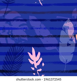 Sailor Stripes Vector Seamless Pattern, Blue Pink Purple Indigo Floral Textile. Sketched Jungle Leaves Summer Fabric. Female Hipster Background. Exotic Floral Seamless Print