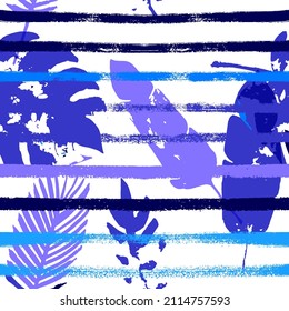 Sailor Stripes Vector Seamless Pattern, Blue Pink Purple Indigo Floral Textile. Botanical Jungle Leaves Winter Fabric. Childrens Uneven Background. Exotic Floral Seamless Print
