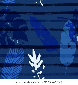 Sailor Stripes Vector Seamless Pattern, Blue Pink Purple Indigo Floral Textile. Watercolor Jungle Leaves Autumn Fabric. Female Elegant Background. Exotic Floral Seamless Design