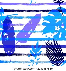 Sailor Stripes Vector Seamless Pattern, Blue Pink Purple Indigo Floral Textile. Watercolor Jungle Leaves Autumn Fabric. Childrens Retro Background. Tropical Fabric Seamless Print