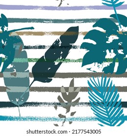 Sailor Stripes Vector Seamless Pattern, Brown Green Khaki Exotic Floral Print. Trendy Boho Jungle Leaves Autumn Fabric. Female Vintage Background. Tropical Floral Seamless Fabric
