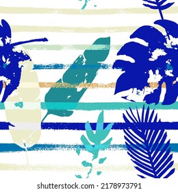 Sailor Stripes Vector Seamless Pattern, Blue, White, Yellow Exotic Floral Print. Cool Chick Jungle Leaves Winter Fabric. Female Eclectic Background. Exotic Floral Seamless Textile