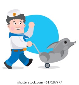 Sailor with a stroller in the shape of a dolphin cartoon funny character.