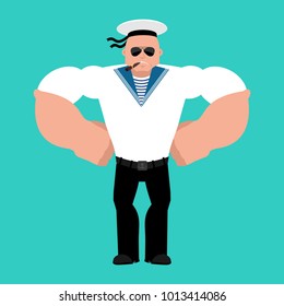 Sailor Strong Cool serious. Russian soldier seafarer smoking cigar emotion avatar. Strict Seaman Military in Russia. Illustration for 23 February. Defender of Fatherland Day.  