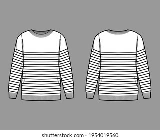 Sailor Sweater Striped Pullover technical fashion illustration with rib crew neck, long sleeves, oversized, hip length, knit cuff. Flat apparel front, back, white color. Women, men unisex CAD mockup