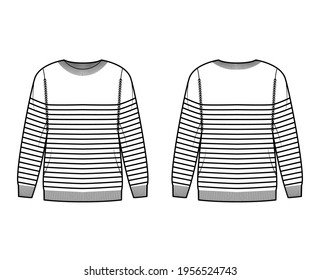 Sailor Sweater Striped Pullover technical fashion illustration with rib crew neck, long sleeves, oversized, hip length, knit cuff. Flat apparel front, back, white color. Women, men unisex CAD mockup