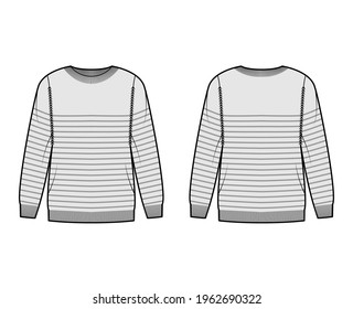 Sailor Sweater Striped Pullover technical fashion illustration with rib crew neck, long sleeves, oversized, hip length, cuff. Flat apparel front, back, grey color style. Women, men unisex CAD mockup