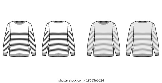 Sailor Sweater Striped Pullover technical fashion illustration with rib crew neck, long sleeves, oversized, hip length, knit cuff. Flat apparel front, back, white grey color style. Women, unisex CAD