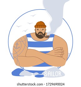 Sailor with a tattoo in a striped T-shirt and with a pipe. Seagulls, seashore complement the image of a sailor. Greeting card for holidays associated with sailors. Flat vector illustration.