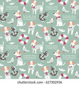 Sailor terrier dog seamless pattern.  Marine objects background with cute dogs. Sea theme with pets and birds wallpaper. 