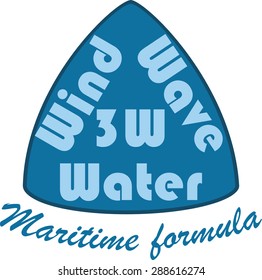 Sailor themed t shirt printing design.Text. Wind, wave, water, maritime formula.