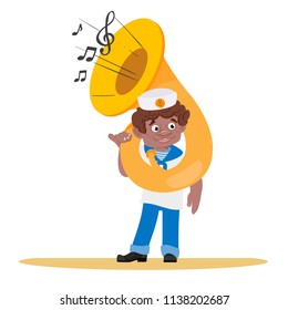 A sailor with a tuba is a funny cartoon character.