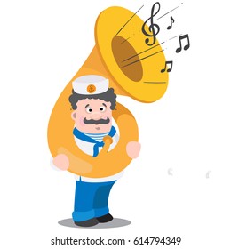 A sailor with a tuba is a funny cartoon character.