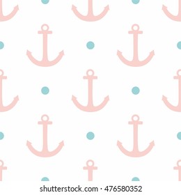 Sailor vector pattern with white polka dots and pink anchor on pastel background