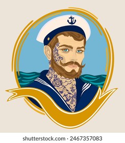 Sailor. Vector portrait of young man with tattos in naval uniform on sea background on rounded decorative frame.