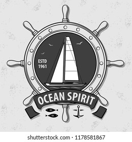 Sailor vector vintage label, badge, or emblem in monochrome style with ship and anchor