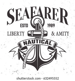 Sailor vintage label, emblem or print in monochrome style vector illustration with anchor, rope and ribbon for text