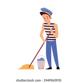 Sailor washing deck with mop and water from bucket a vector isolated illustration