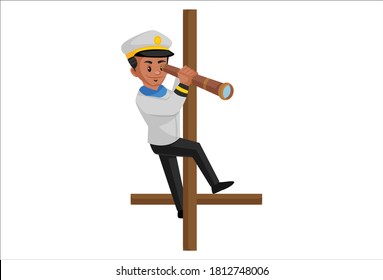 Sailor is watching from the telescope in the sea. Vector graphic illustration. Individually on a white background.