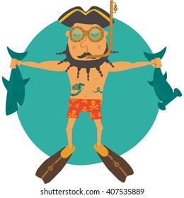 Sailor wearing steam-punk goggles holding a shark and a hammer-head fish, funny character.