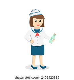 Sailor woman holding bottle design character on white background