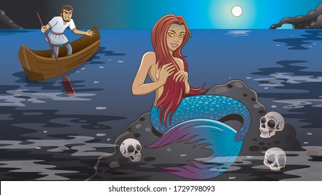 sailor and woman horror mermaid sitting on stones in a sea with skulls vector illustration ratio 16:9
