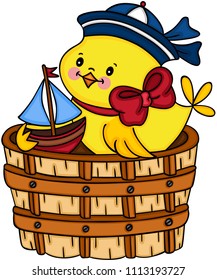 Sailor yellow chick playing little boat in wooden tub