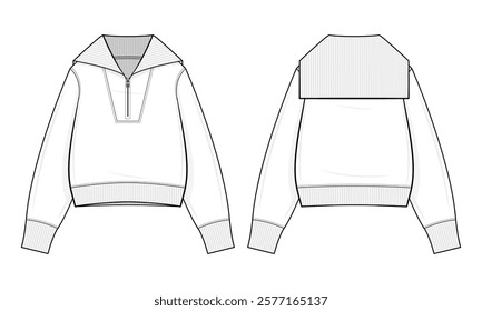 Sailor-Collar Quarter-Zip Pullover Jacket Technical Fashion Illustration. Minimalist sailor Jacket Vector Template. Front and back view. Relaxed Fit. Knitted. Spring fall. Unisex Outerwear. CAD mockup