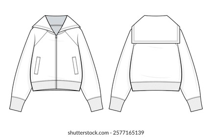 Sailor-Collar Zip-Up Jacket Technical Fashion Illustration. Cropped Jacket with Welt Pockets Vector Template. Front and back view. Relaxed Fit. Denim fabric. Spring Fall. Unisex Outerwear. CAD Mockup.