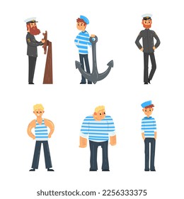 Seeleute und Kapitän in Uniform mit Cap und gestreiftem Shirt an Bord des Schiffs Vector Set