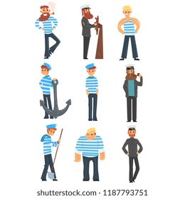 Sailors and captains doing their job, seamen characters in uniform vector Illustration on a white background