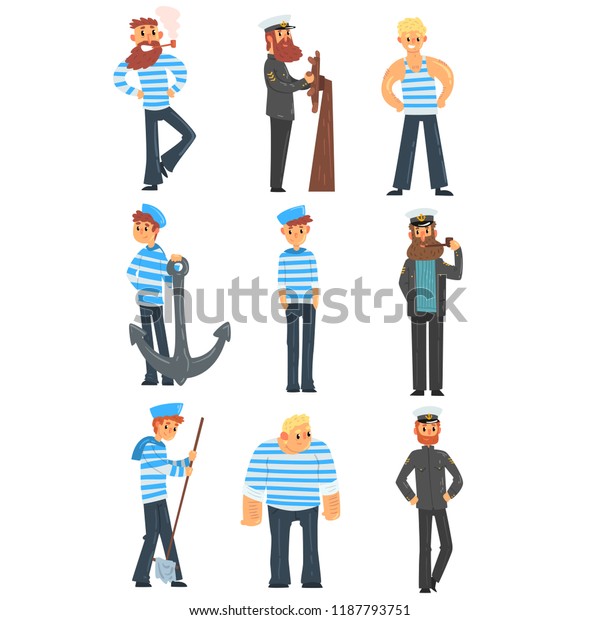 白い背景に水夫や船長が仕事をし 均一なベクターイラストを持つ船乗りキャラクター のベクター画像素材 ロイヤリティフリー