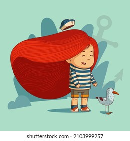 Sailor's daughter, vector illustration. Happy little girl with long flowing red hair wearing striped shirt and peakless cap in a company of a seagull. Cartoon child, nice toddler, lovely kid