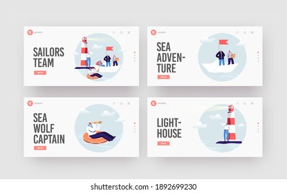 Sailors Landing Page Template Set. Ship Crew Characters In Uniform At Beacon. Captain, Sailors In Stripped Vest With Steering Wheel And Life Buoy On Paper Boat. Cartoon People Vector Illustration