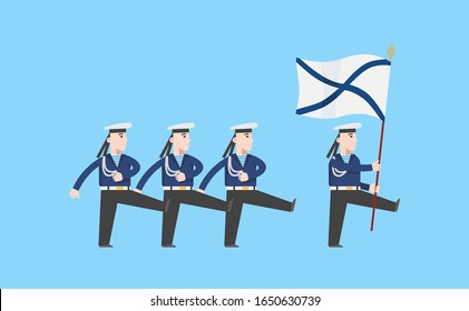 Sailors in military uniforms March in the parade. At the head of the commander marches with a flag. Infographics