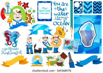 Sailors with musical wind instruments. Set of cards, illustrations and seamless texture with marine motifs and summer.